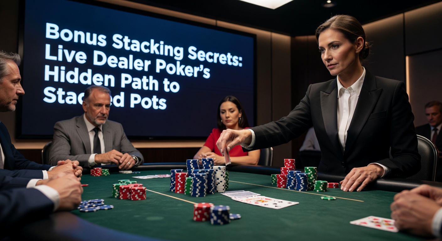 Live dealer poker table with stacked chips and bonus icons overlayed, illustrating potential for multiplied winnings