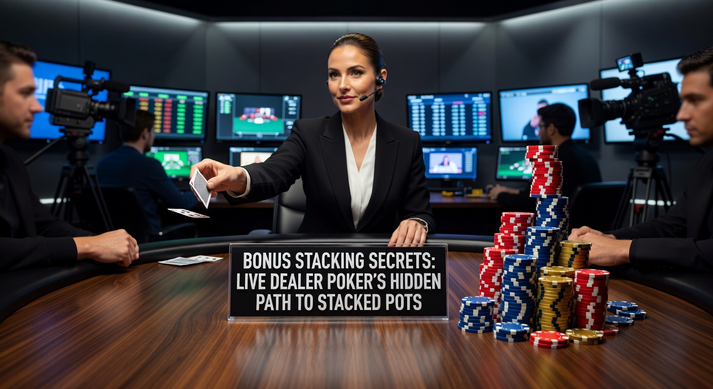 Close-up of a live dealer revealing a massive stacked pot in poker, with bonus notifications popping up on screen