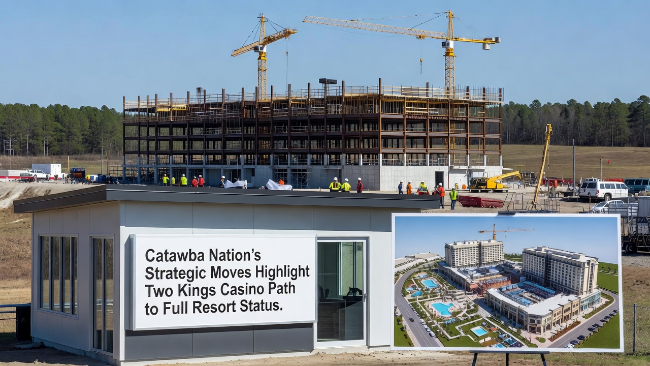Aerial view of the Two Kings Casino construction site on Catawba Nation land in North Carolina, showing foundational work and surrounding landscape