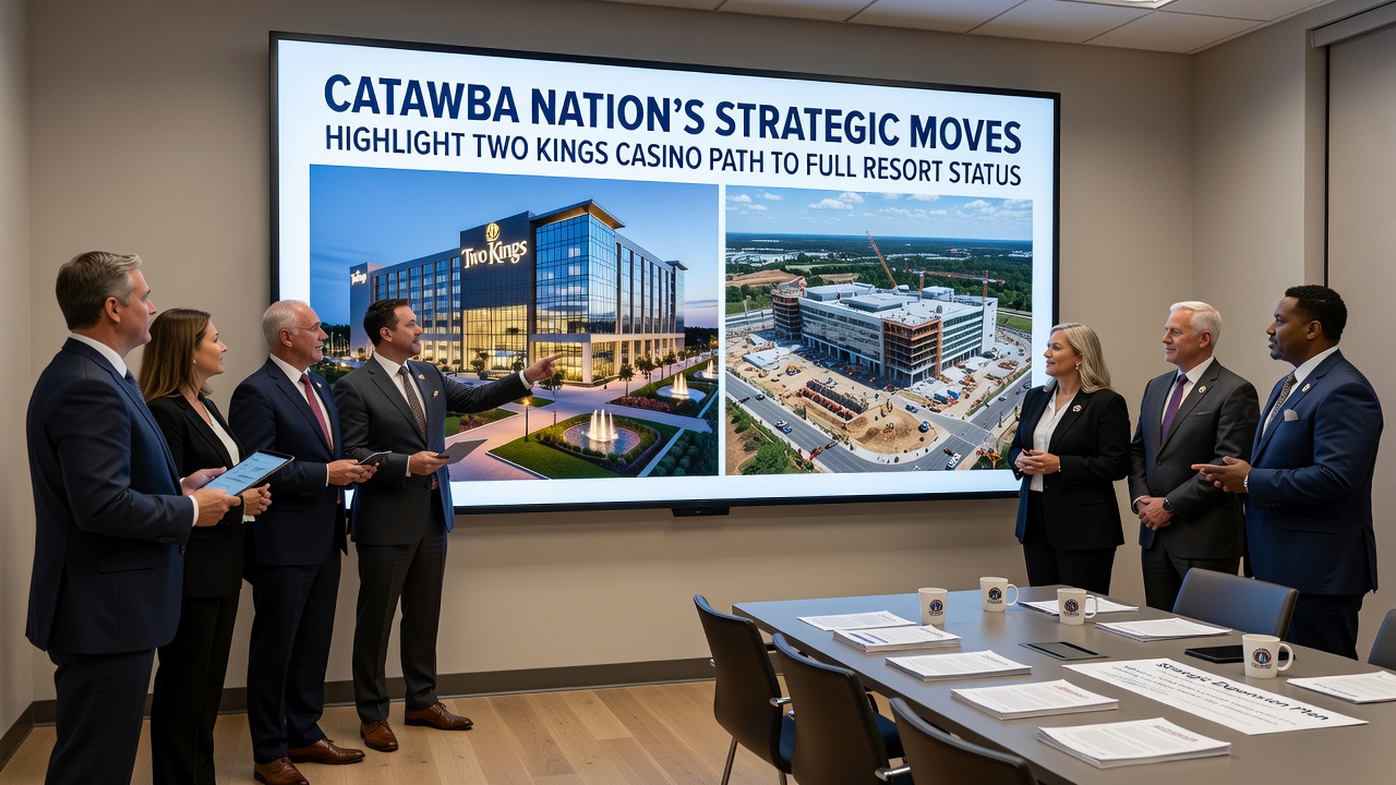 Interior rendering of the planned Two Kings Casino gaming floor and adjacent hotel lobby, featuring modern design elements and guest amenities