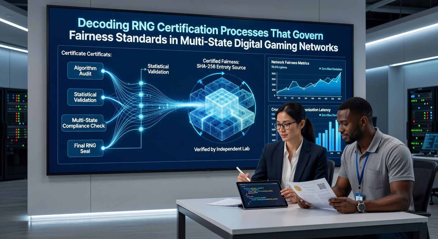Technical diagram showing RNG testing equipment and certification workflow in a gaming lab