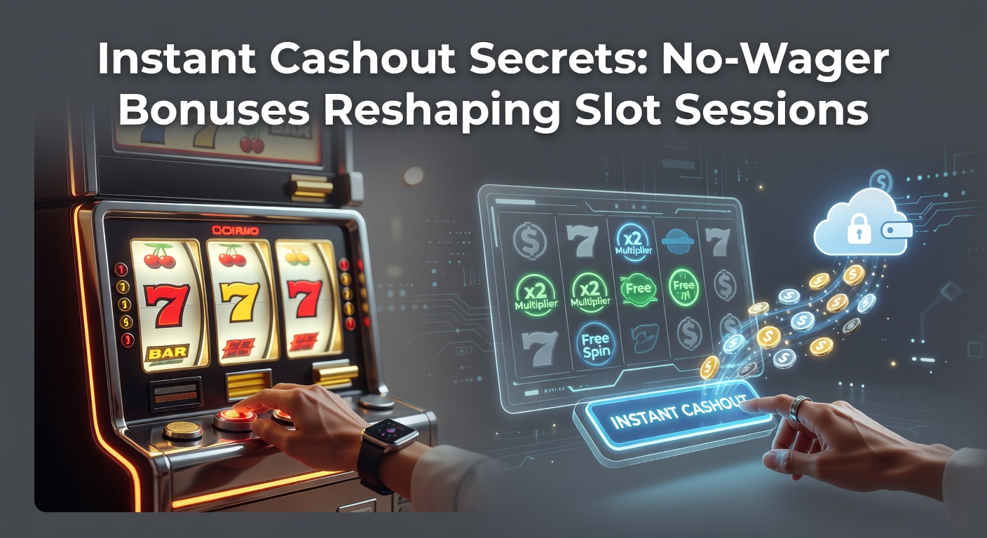 Vibrant slot machine reels spinning with glowing no-wager bonus icons overlayed, symbolizing quick cashouts in modern casino play
