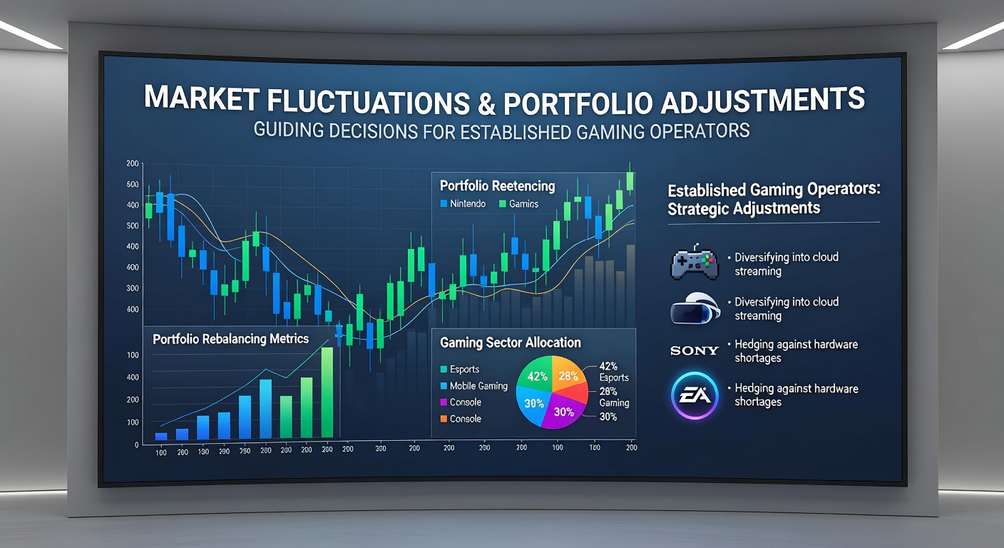 Stock market charts and gaming operator logos illustrating portfolio adjustments amid volatility