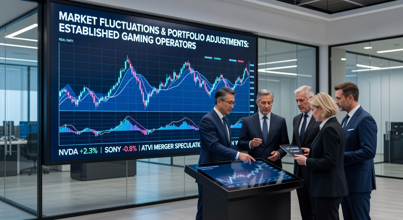 Gaming executives reviewing digital portfolio metrics during a strategy session