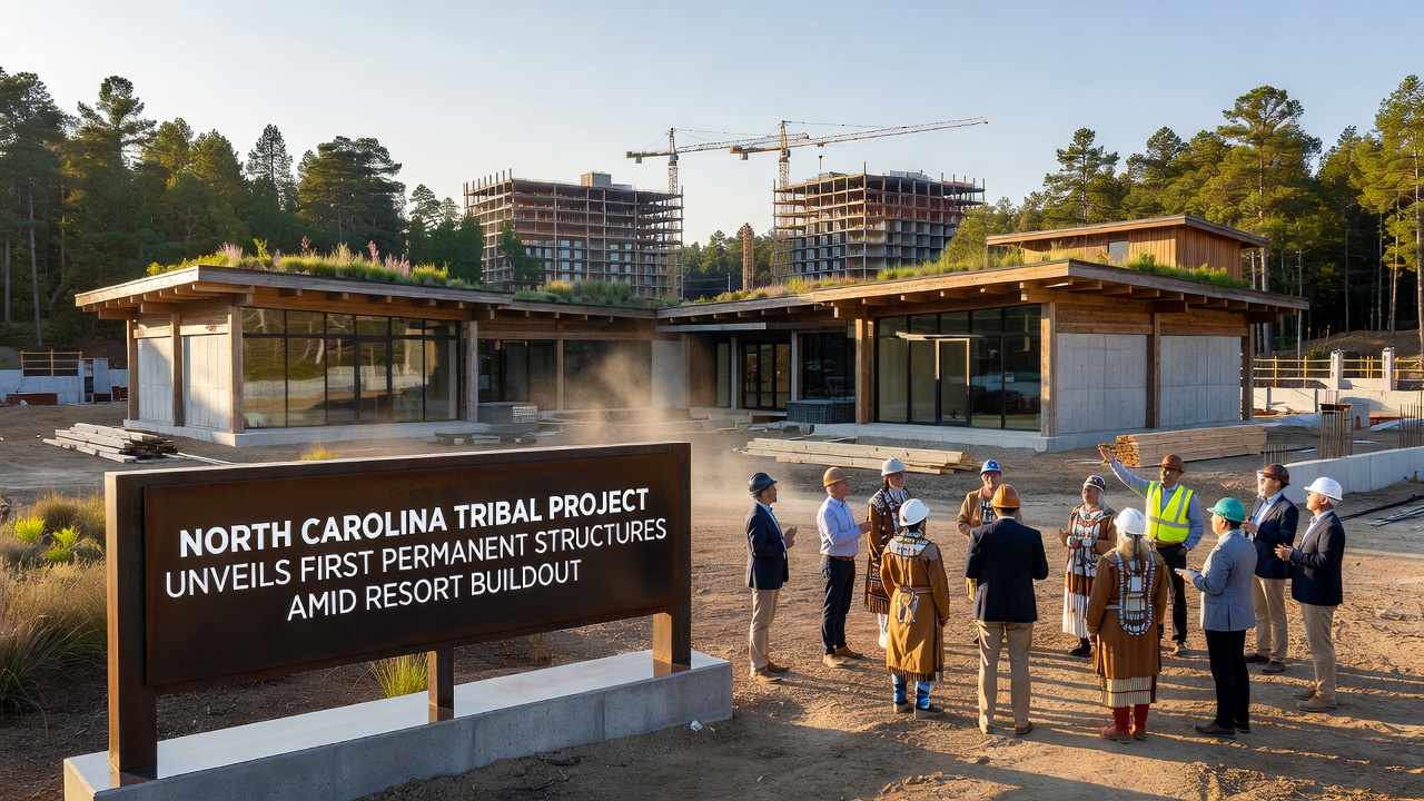 Construction site showing initial permanent structures rising at the North Carolina tribal resort development