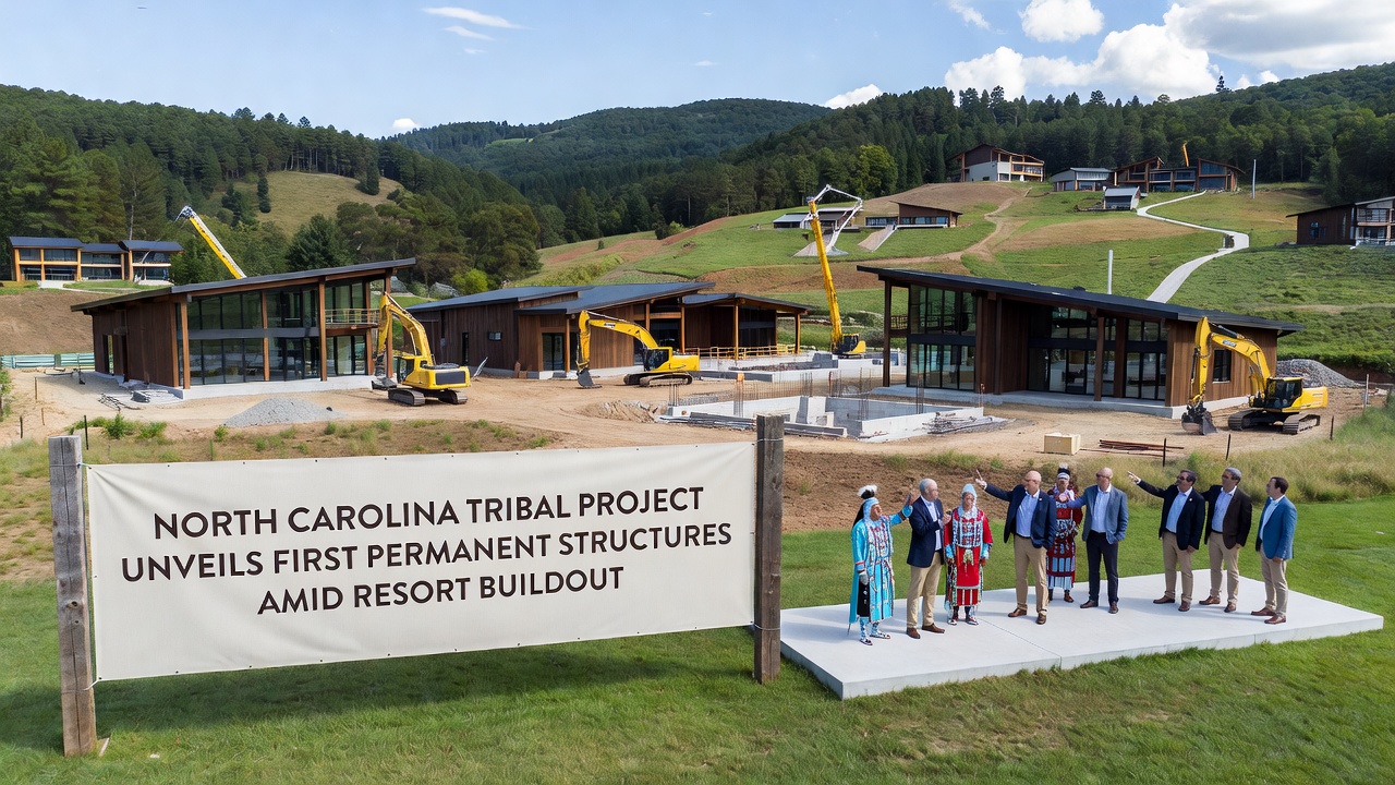 Workers and equipment advancing resort infrastructure at the tribal project site in North Carolina