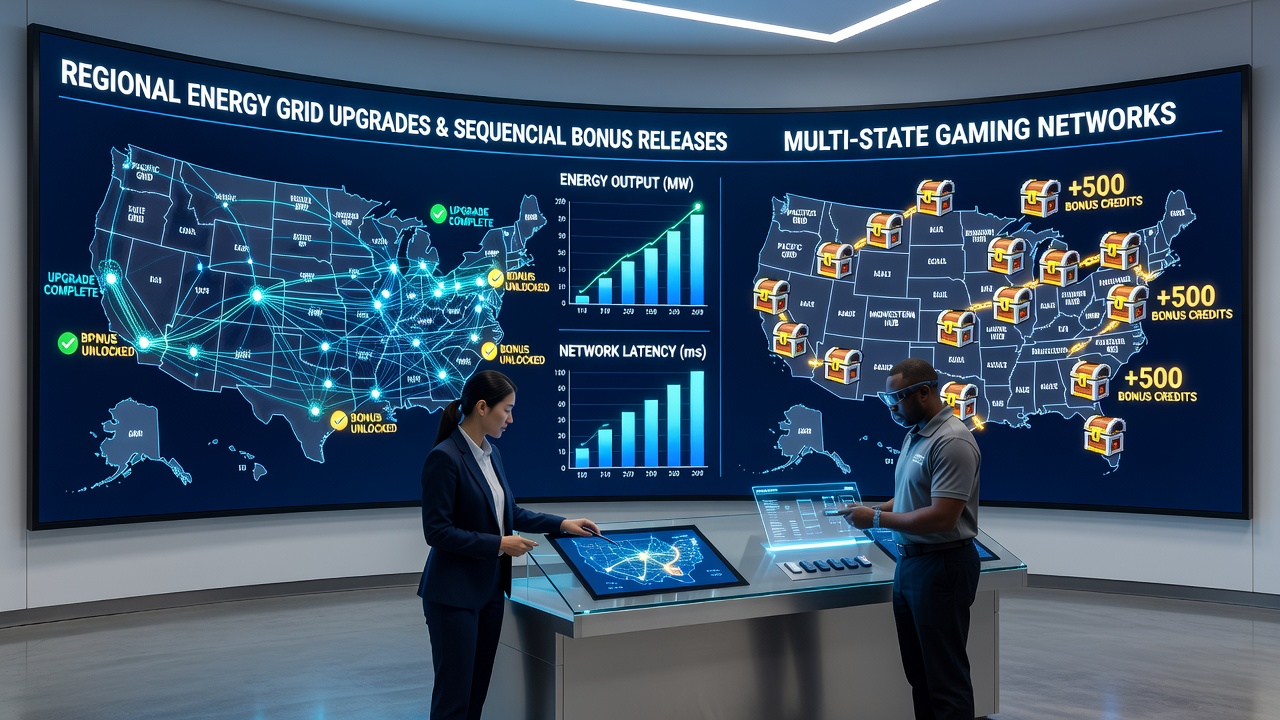 Data center technicians reviewing grid performance dashboards linked to interstate gaming servers
