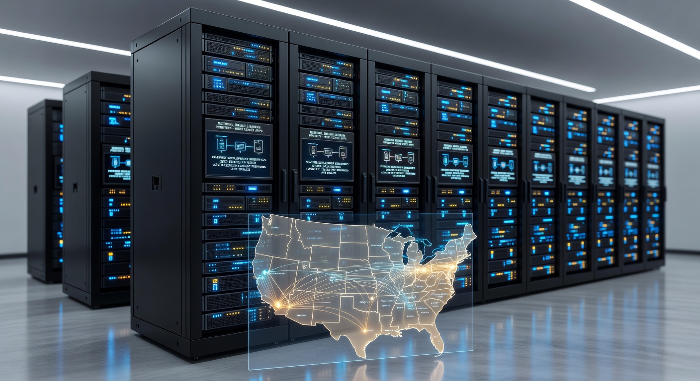 Data center servers processing regional casino app requests with visible network connections