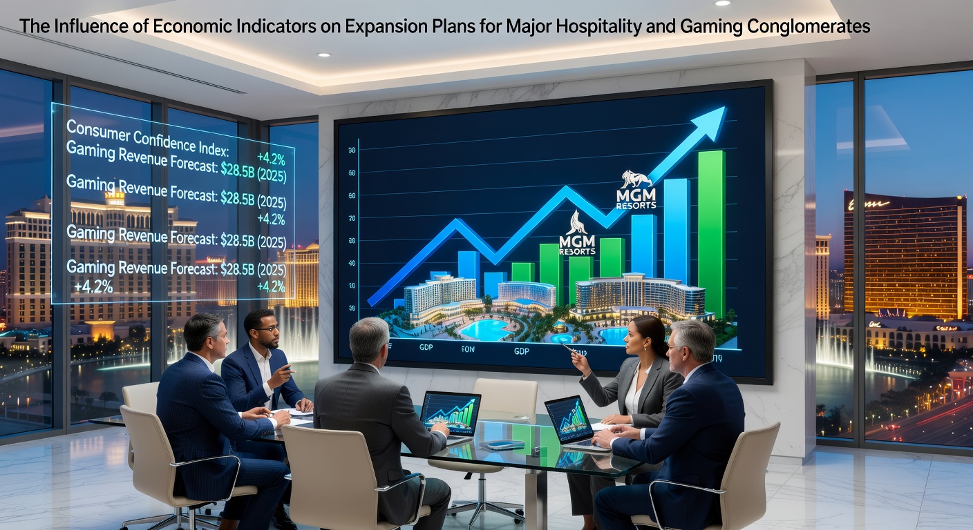 Economic charts and graphs overlaid on a modern casino resort skyline showing hospitality expansion trends