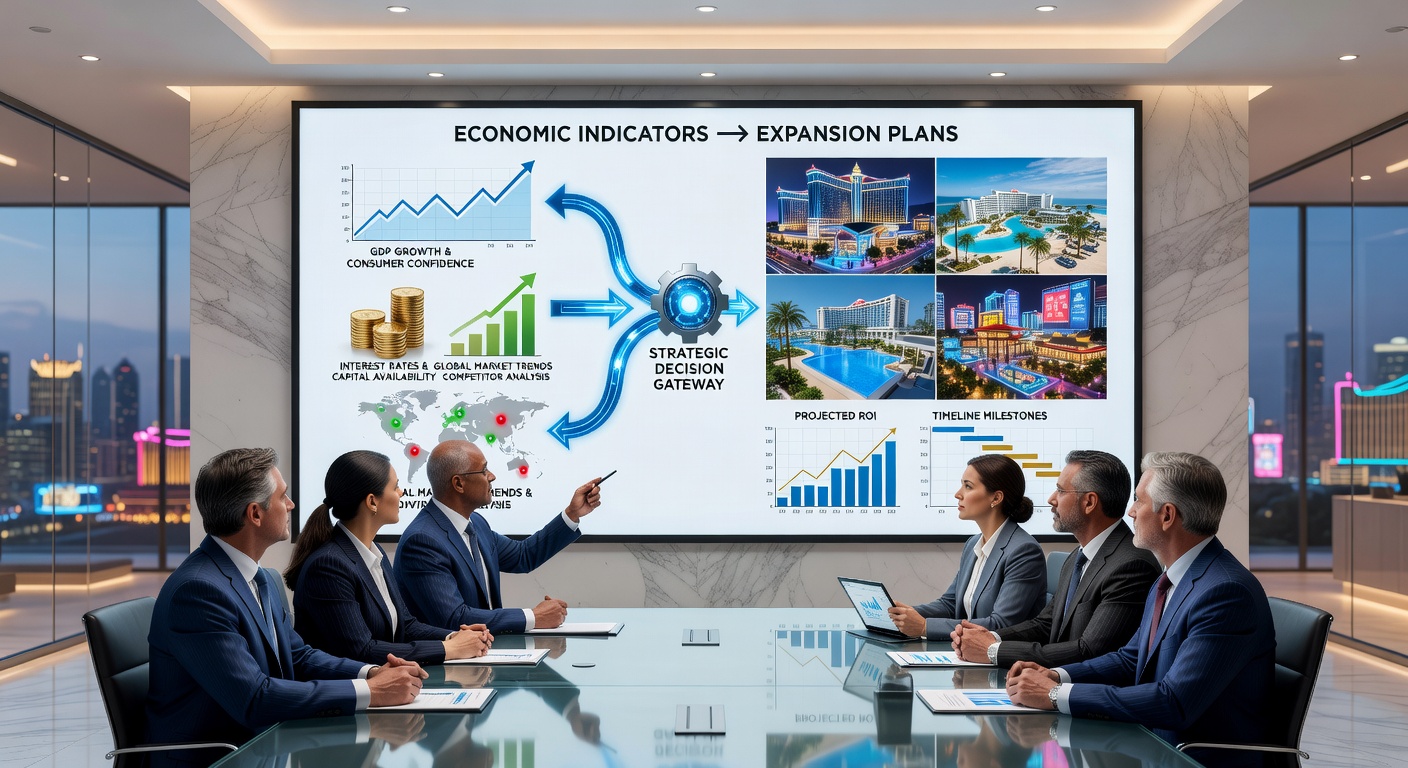 Business executives reviewing financial reports and economic data inside a boardroom overlooking a large resort construction site