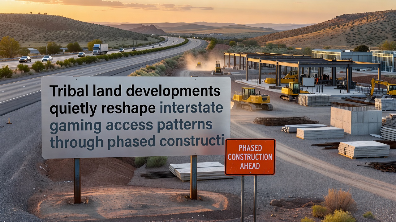 Construction crews working on second phase of tribal casino expansion with highway access visible in background