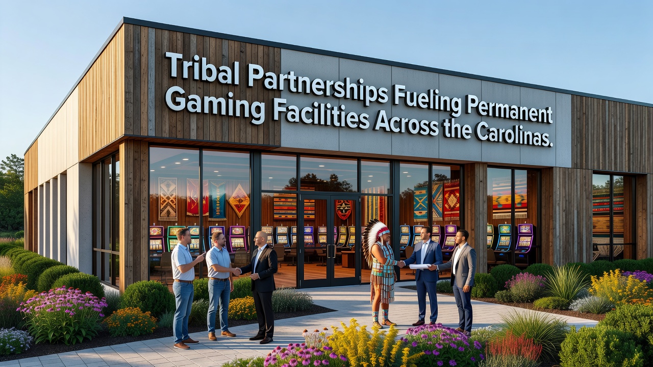 Interior view of a modern tribal casino gaming floor with slot machines and players in the Carolinas